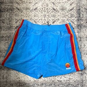 Zara Blue Swim Trunks with Red and Yellow Accents